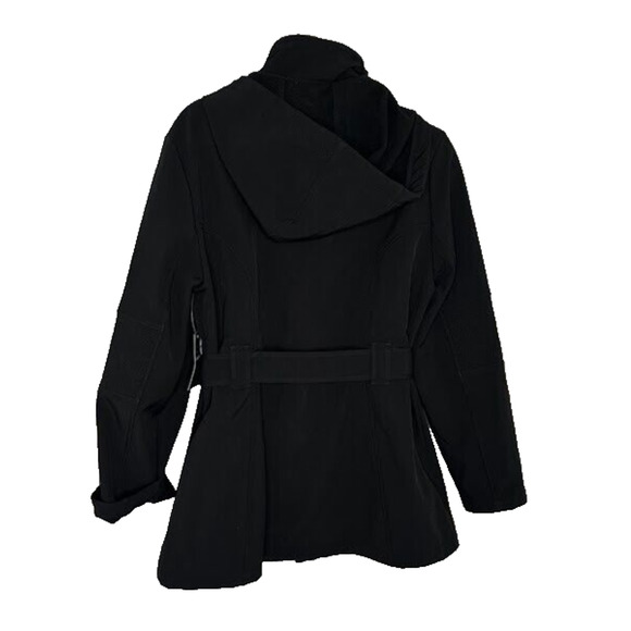 London Fog Womens Black Detachable Hooded Coat Belted Full Zip Stretch Large - Picture 4 of 8